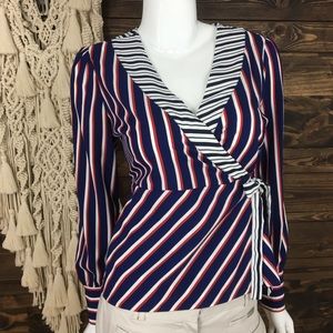 Paraphrase | Striped Wrap V-Neck Blouse Top Wrap